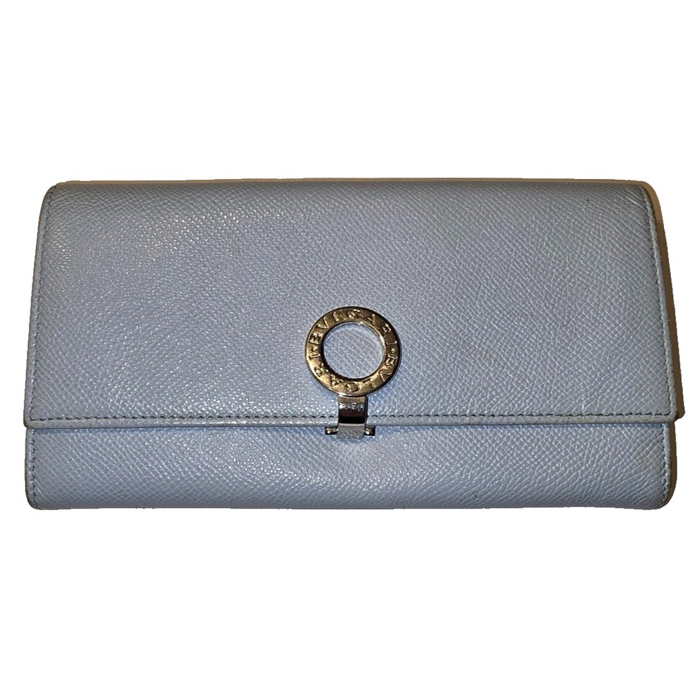 BVLGARI Light Blue Leather Long Continental Wallet Logo Ring Closure